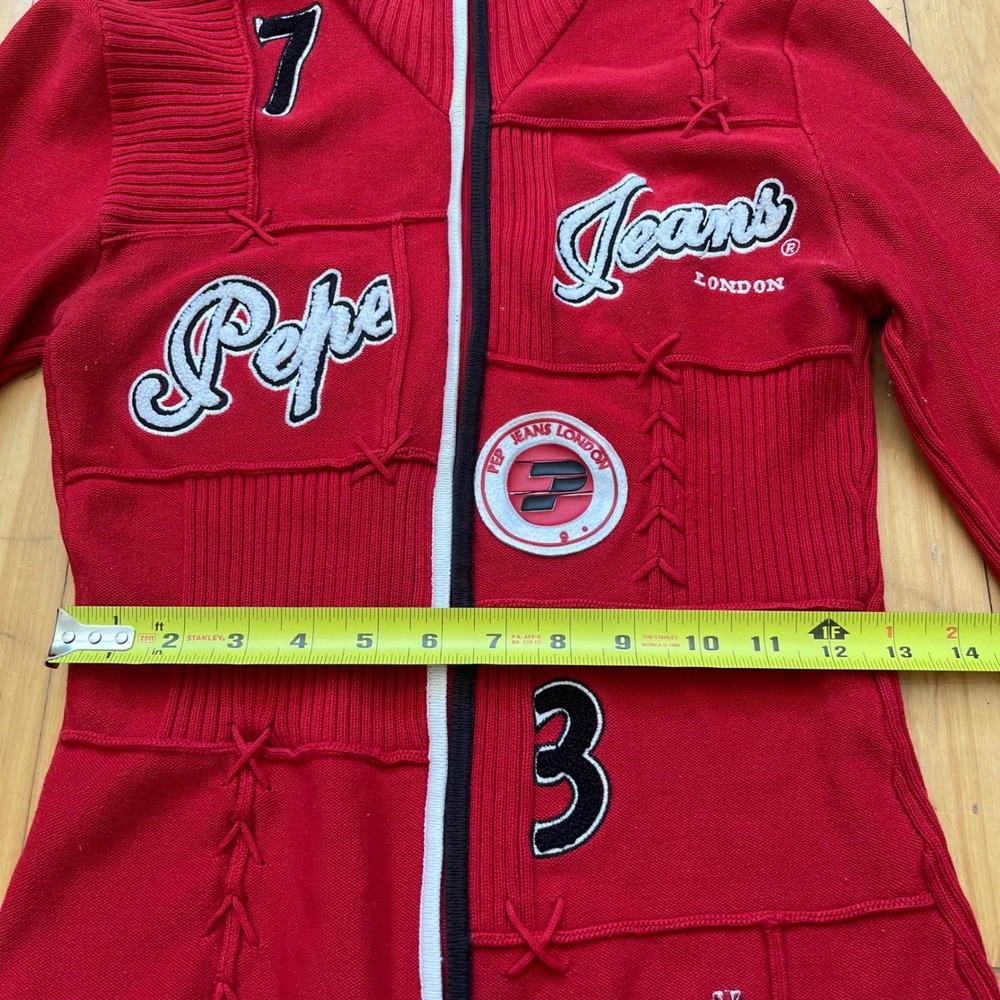 Pepe Jeans London Red Patchwork Full Zip Varsity Sweater Womens Large Vtg Y2K - Picture 7 of 9